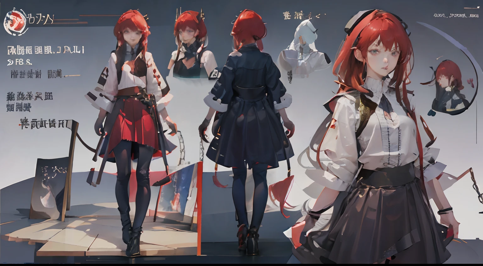 Demon Girl, Moonlight, Entry, red hair, Red all over，比基尼，Black rope，Chains，Detailed, Masterpiece, reference art, reference sheet, multiple views, reference sheet, model sheet,