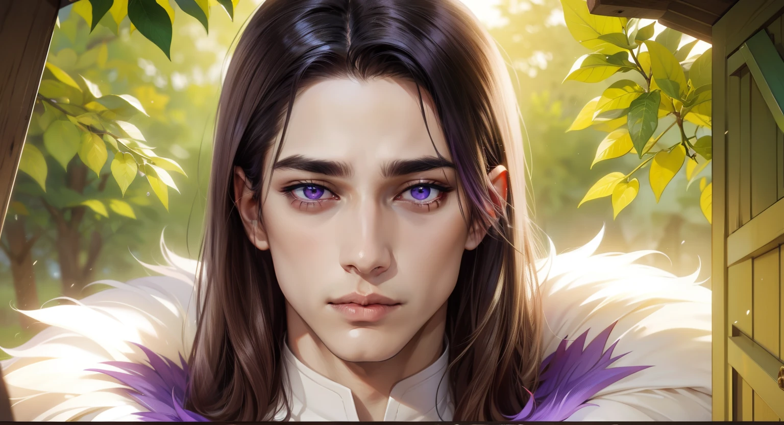 straight haired、drooing eyes、a purple eye、Beautiful male nose、Male lips