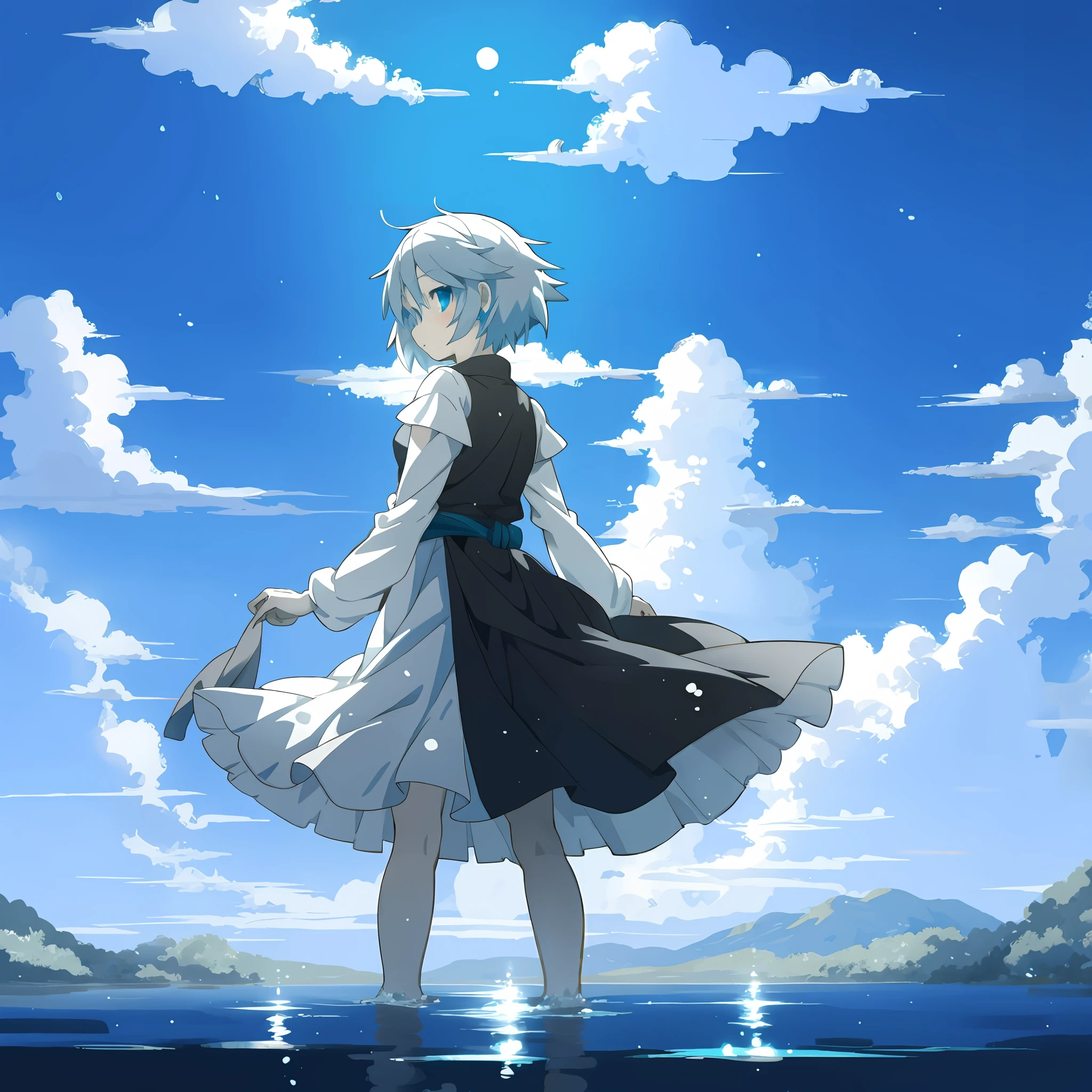 anime girl standing on water's surface, fantasy art, grayscale phtoto with blue eyes, curtsy, curtsey, beautiful anime art style, high quality anime art, high quality anime artstyle, at pixiv,