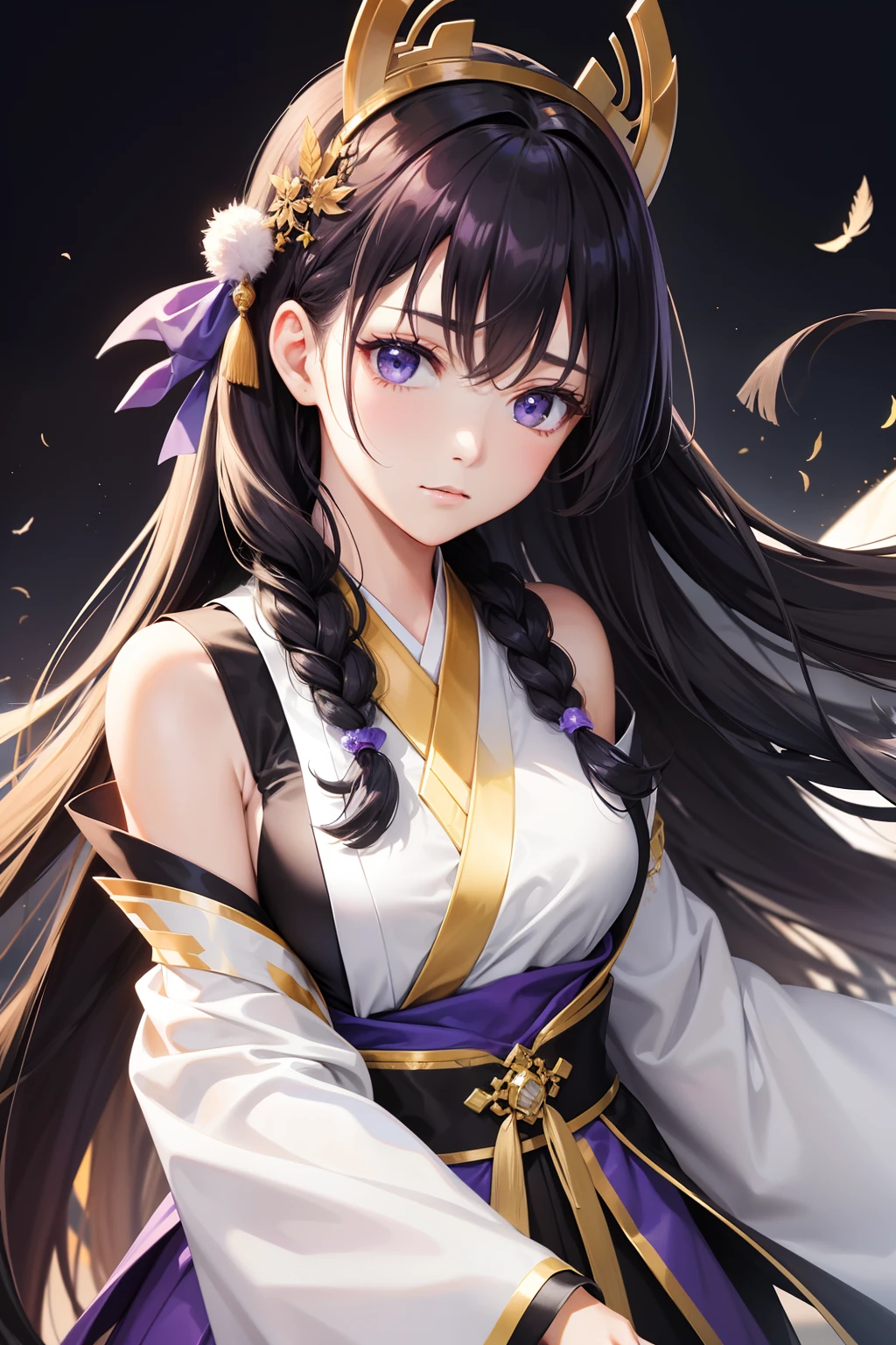 The pictures that need to be drawn should be of high quality，A character with long purple-black hair flowing and golden eyes。She wears a white cape，Look up into the distance。The focus of the picture is on the upper body of the character，Pay attention to details of the hairline and skin。She has a side braid，wearing a hanfu，And wear delicate accessories。Calm expression，k hd，illustrious，Feather background decoration