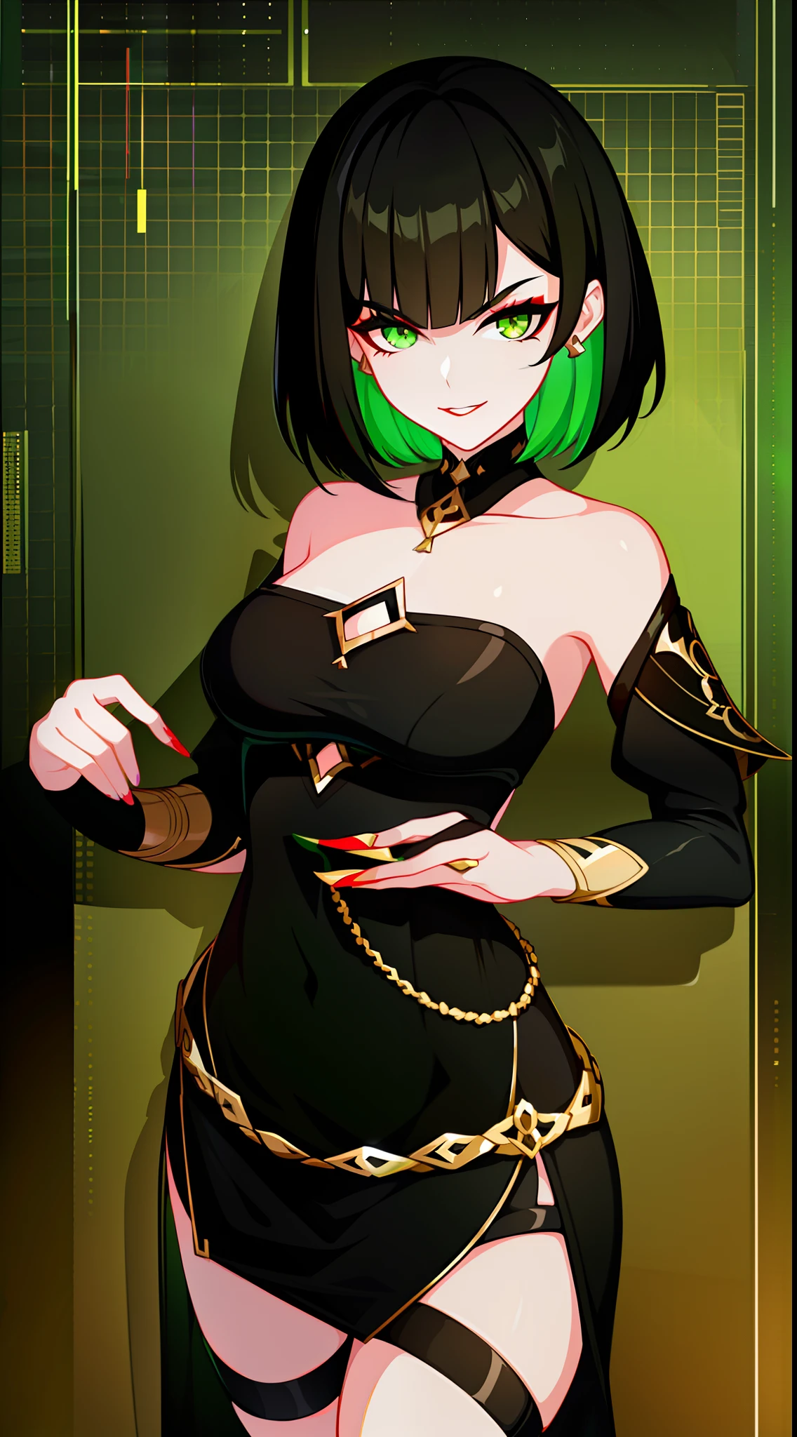 young girl, short black hair, Green eyes, black tight dress, Gold Elements, red elements, black eye shadow, Green lipstick, smirk, Masterpiece, hiquality
