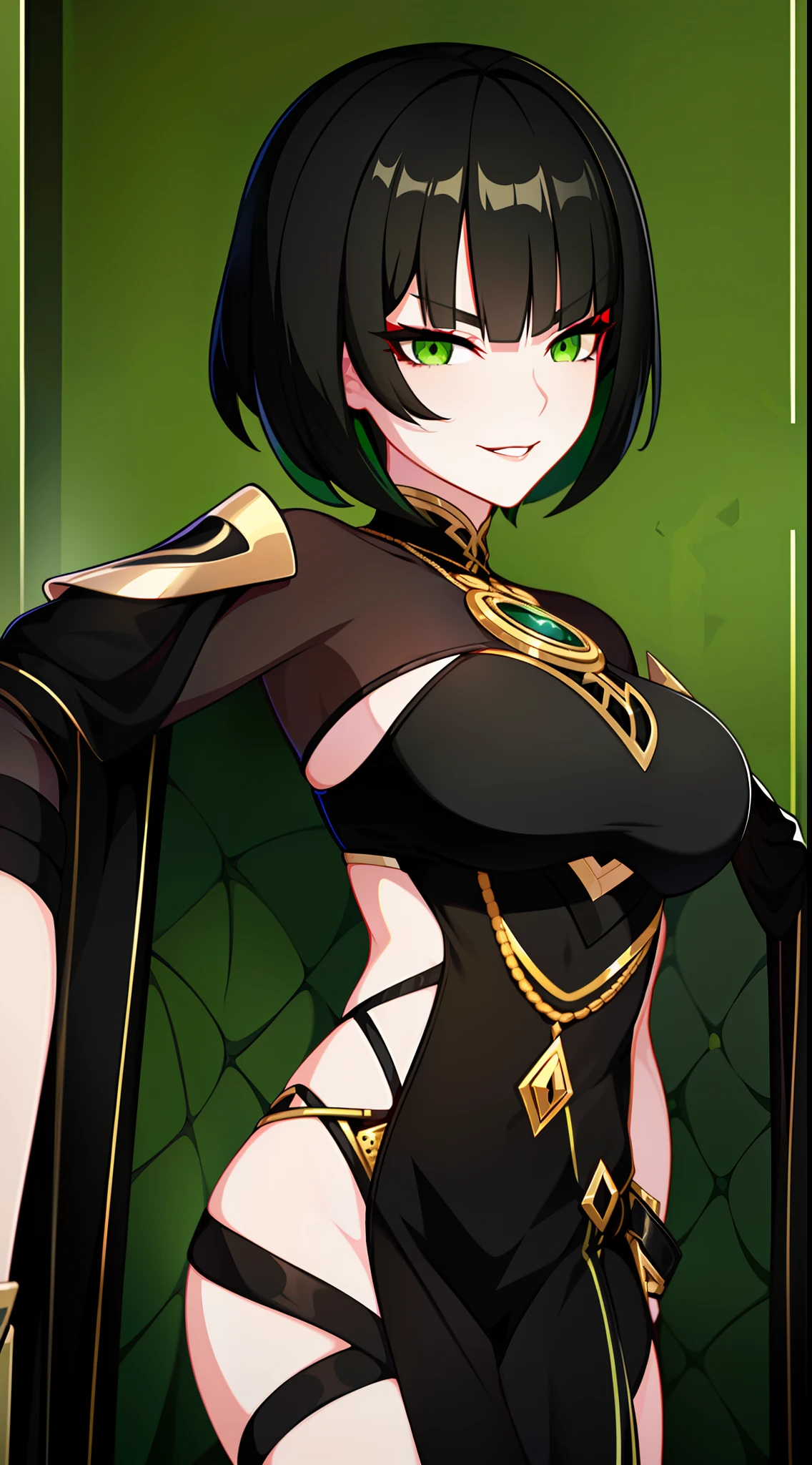 young girl, short black hair, Green eyes, black tight dress, Gold Elements, red elements, black eye shadow, Green lipstick, smirk, Masterpiece, hiquality
