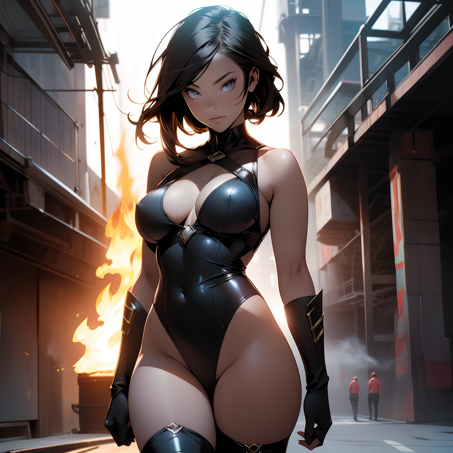 ( 1girl, solo, alone ) High school girl transforms into a superhero in a leotard and gloves and knee boots, big breasts, cowboy-shot, fire on-hand