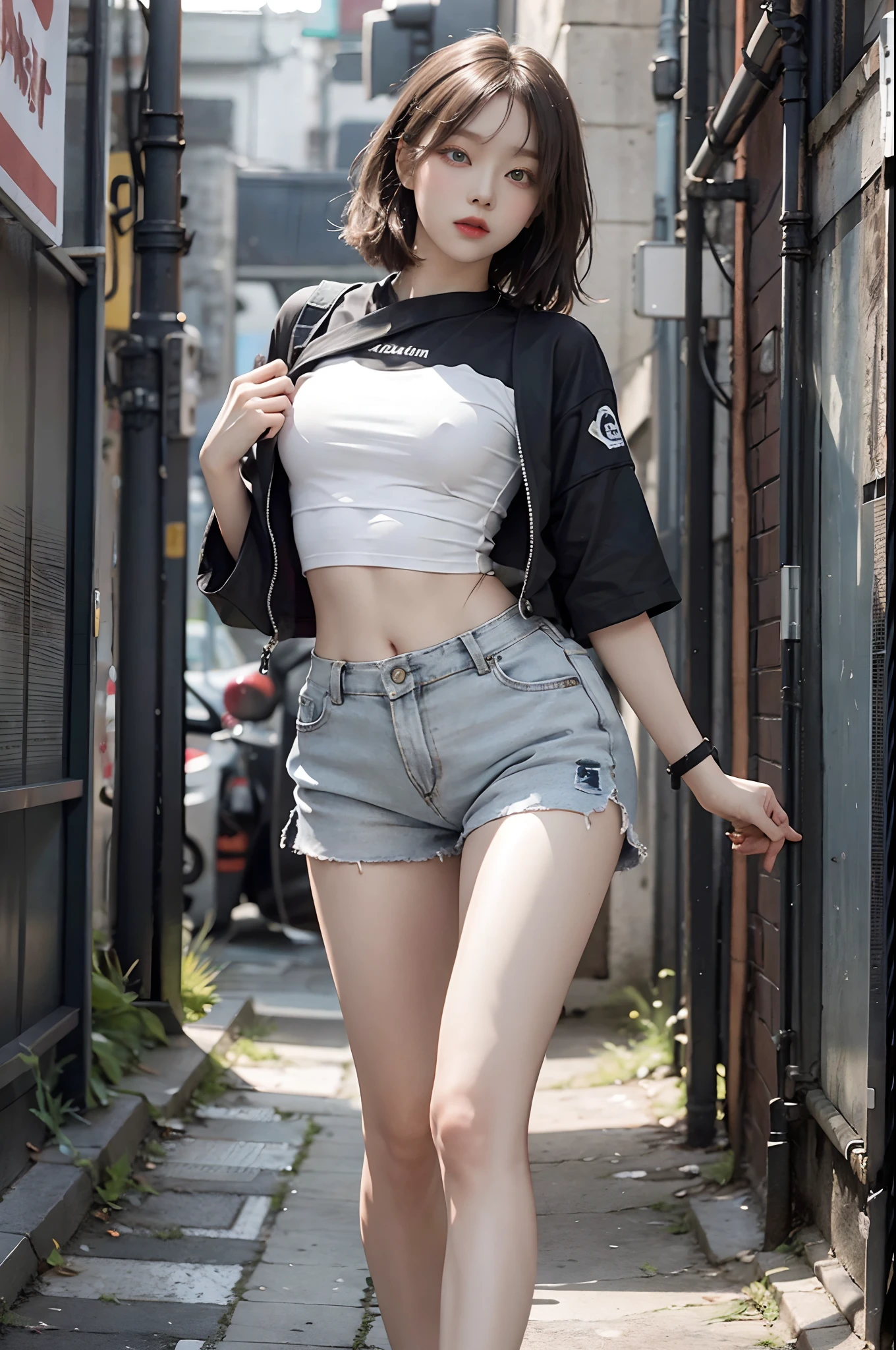 masterpiece,highest quality,High resolution,Full Body View,White jacket,Red innerwear,Belly button,Belted denim mini shorts,The heroine in white cowboy boots,Perfect Legs,Perfect Skin,Perfect Arms,Abdominal muscles,The background is an abandoned factory