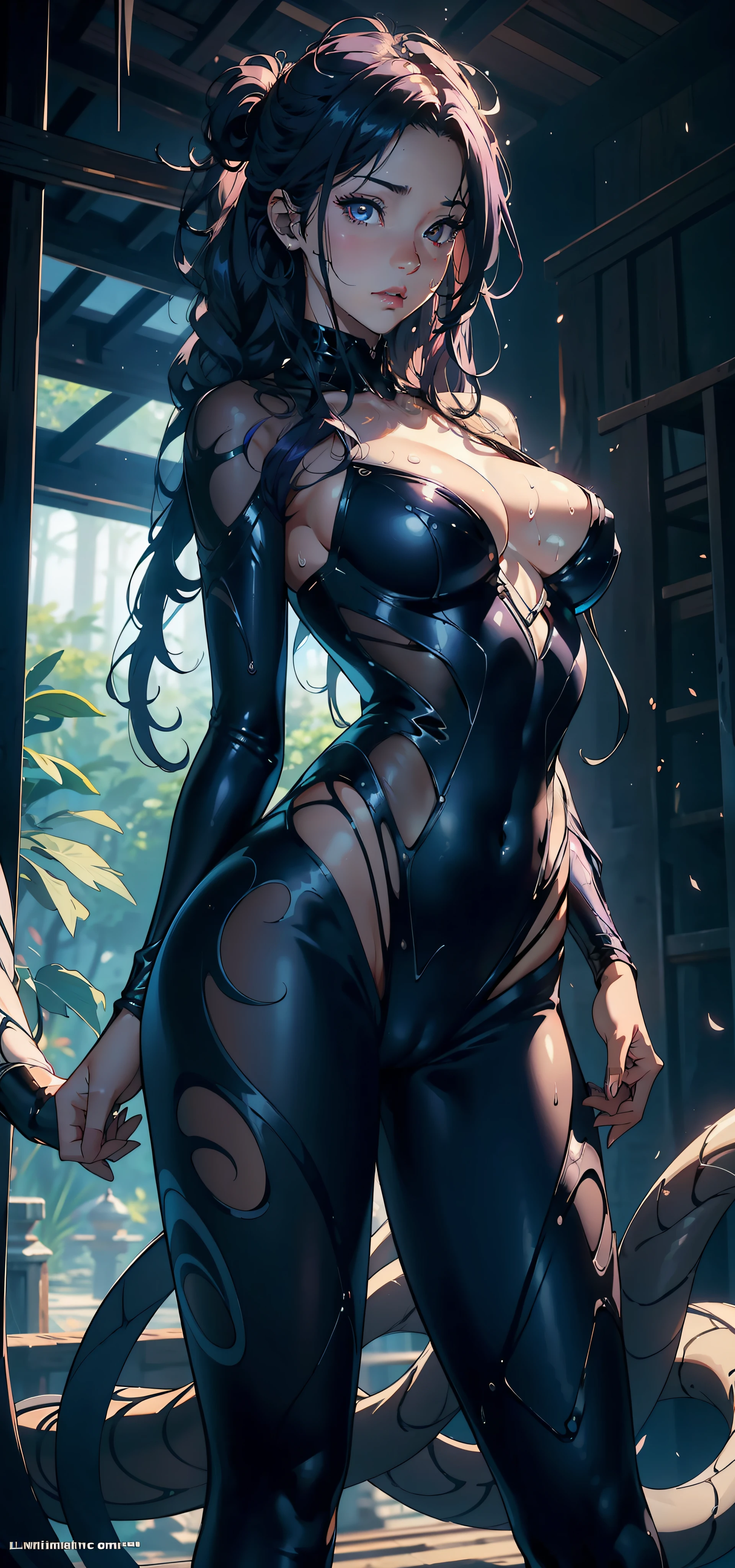 1female,25 age old,Large breasts,long leges,Big breasts Thin waist,Pornographic exposure, 独奏,(Background with:ln the forest,the rainforest,in summer) She has long purple hair,standing on your feet,Sweat profusely,drenched all over the body,seen from the front, curlies, mostly cloudy sky,(((tmasterpiece),(Very detailed CG unity 8K wallpaper),best qualtiy,cinmatic lighting,detailed back ground,beatiful detailed eyes,Bright pupils,(Very fine and beautiful),(Beautiful and detailed eye description),ultra - detailed,tmasterpiece,)),facing at camera,A high resolution,ultra - detailed),revealing breasts,Bare genitalia, Bulge,Camel toes,Raised sexy,Flushed complexion,Open-mouthed,frontage,Venom Spider-Man(Wearing:venomize)nakeness,high-heels