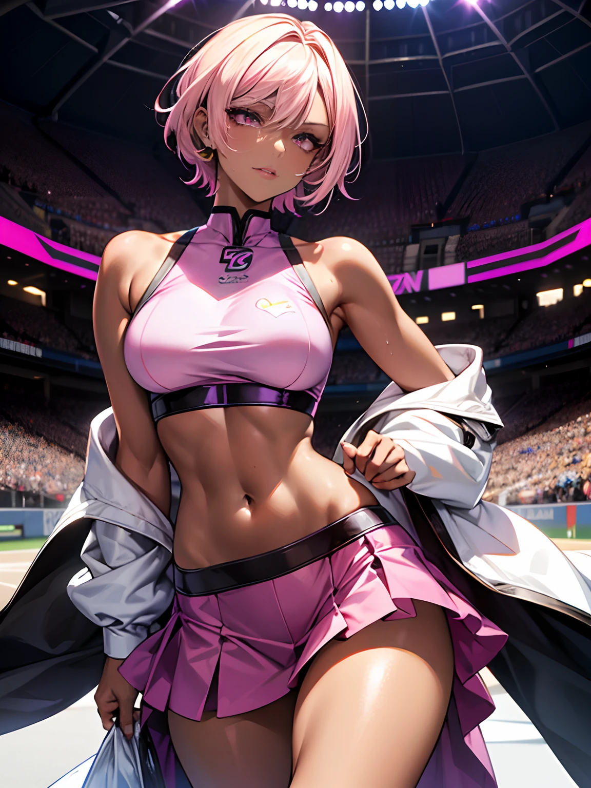 tight outfit, close up of face, thighs thighs thighs thighs, Delicate girl, Violet crop top, Sleeveless, Violet skirt, Shiny skin, Looking at Viewer, Teen, Pixie Short Hairstyles, Cream yellow hair, shorth hair, long lashes、eyeshadows(digital anime:0.8), (Edge lighting, highest details, ighly detailed, ultra-detailliert, finely detail:0.8), [:Detailed face and eyes:10], (Lesh pink eyes:1.2), cosplayer, Random Posing, Race Queen、Uniform with logo、 Exquisite beauty、Beautiful face, Body shape of slim model, Beautiful breasts, shiny, beauty legs、wet shiny body, (((Dark brown skin beauty))), neons、Large crowds、audience、Aurora Vision、Huge stadium、Drag racing、Racing Circuit、racing car、Lower grade、Large crowds、Spectators、audience、Spectators、Large crowds、Camera Flash、laser beam、
