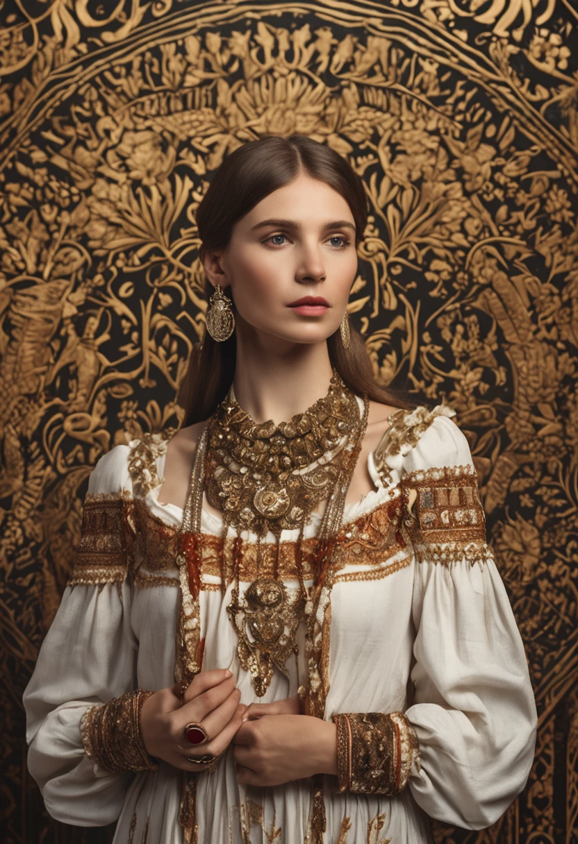 (Ultra-detailed and high-quality images), A young girl of beautiful Slavic appearance, brown-haired woman with gray eyes, Straight nose profile, thin eyebrows, the correct oval of the face, in Russian suit with precious stones, gold jewelry around the neck, hands on the head and ears, in full height, Holding cheese in hand, standing against the backdrop of the Orthodox Ipatiev Monastery in the city of Kostroma - the cradle of the House of Romanov, (in the style of Russian classical painting, Makovsky, Shishkin, Nesterov, Victor Vasnetsov), gives the impression of serenity and tranquility, leaving you calm and relaxed, 16k