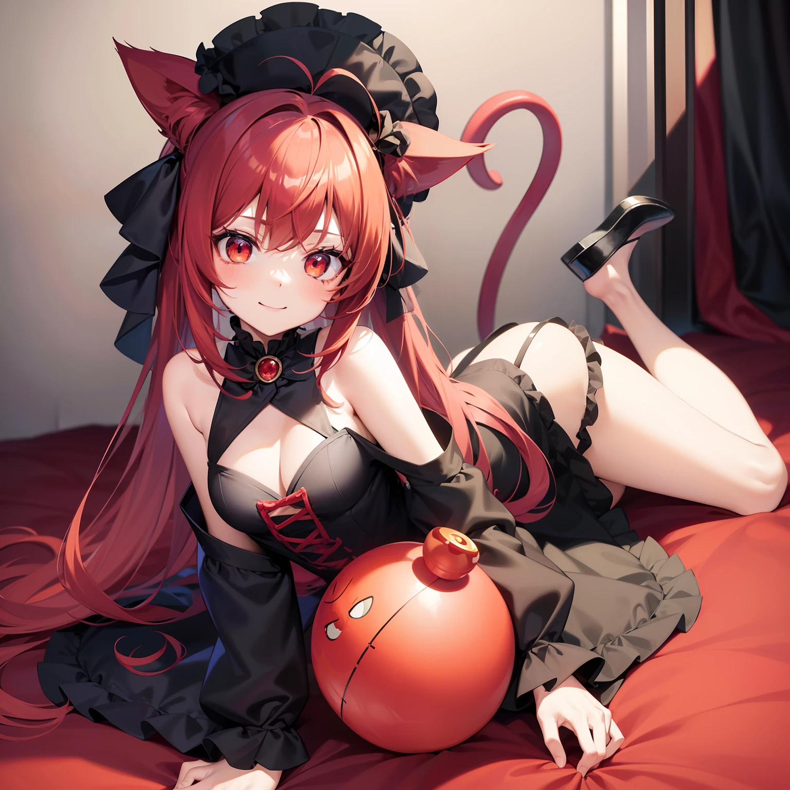 Anime filling,Two-dimensional illustration,Red hair,Half Twin Tail,shorth hair,Big eyes,A smile,a beauty girl,cute little,Super Cute,Black cat ears,Red Eyes,Ruffled Clothes,Black lace clothes,Inner colorGreen,One girl,Full body painting,A masterpiece of 2D art,(​masterpiece,Top image quality:1.3),(detaile:1.2),(女の子1人)