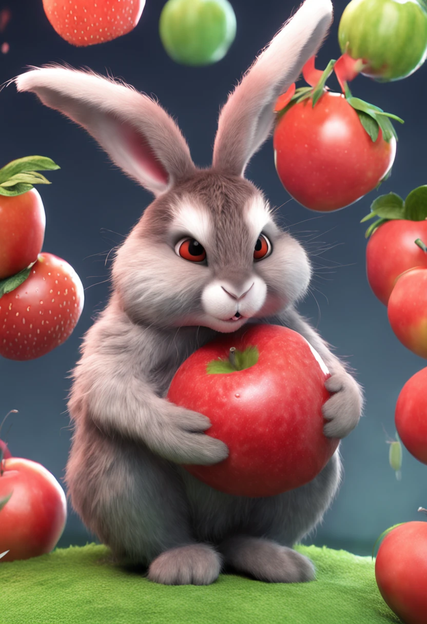 bunny, realistic, furry animal, apple, black eye, blush, cherry, food, fruit, full body, hat, inhuman, strawberry, tomato, watermelon