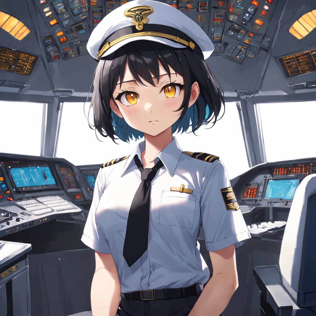 1girl, short black bob hair, yellow eyes, Round glasses, tan skin, petite body, wearing plain white formal work shirt, wearing long black pants, business tie, absurdres, high res, ultrasharp, 8k, masterpiece, looking at viewer, cat ears, airline pilot uniform, airline pilot hat, white background, short sleeve, bangs, flat chest, whiskers, androgynous,