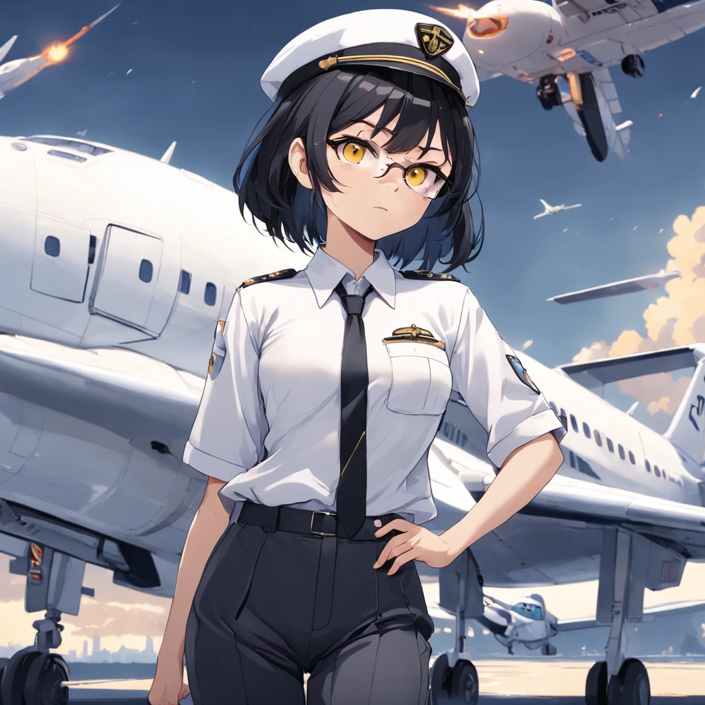 1girl, short black bob hair, yellow eyes, Round glasses, tan skin, petite body, wearing plain white formal work shirt, wearing long black pants, business tie, absurdres, high res, ultrasharp, 8k, masterpiece, looking at viewer, cat ears, airline pilot uniform, airline pilot hat, white background, short sleeve, bangs, flat chest, whiskers, androgynous,