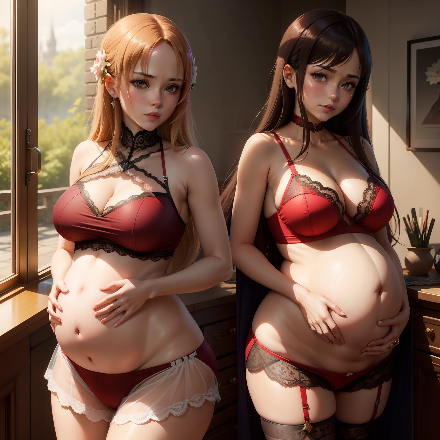 Sword Art Online,SAO,Asuna,pregnant,queen, Raised sexy,Married Woman,徐娘半老,full bodyesbian, Charming, woman, Very beautiful and perfect, Attractive, full of sweat, Shy, mature, Chubby, Lactation, Transparent clothes, Clear red lace bra, Sheer red lace shorts, Sheer red lace lace leggings