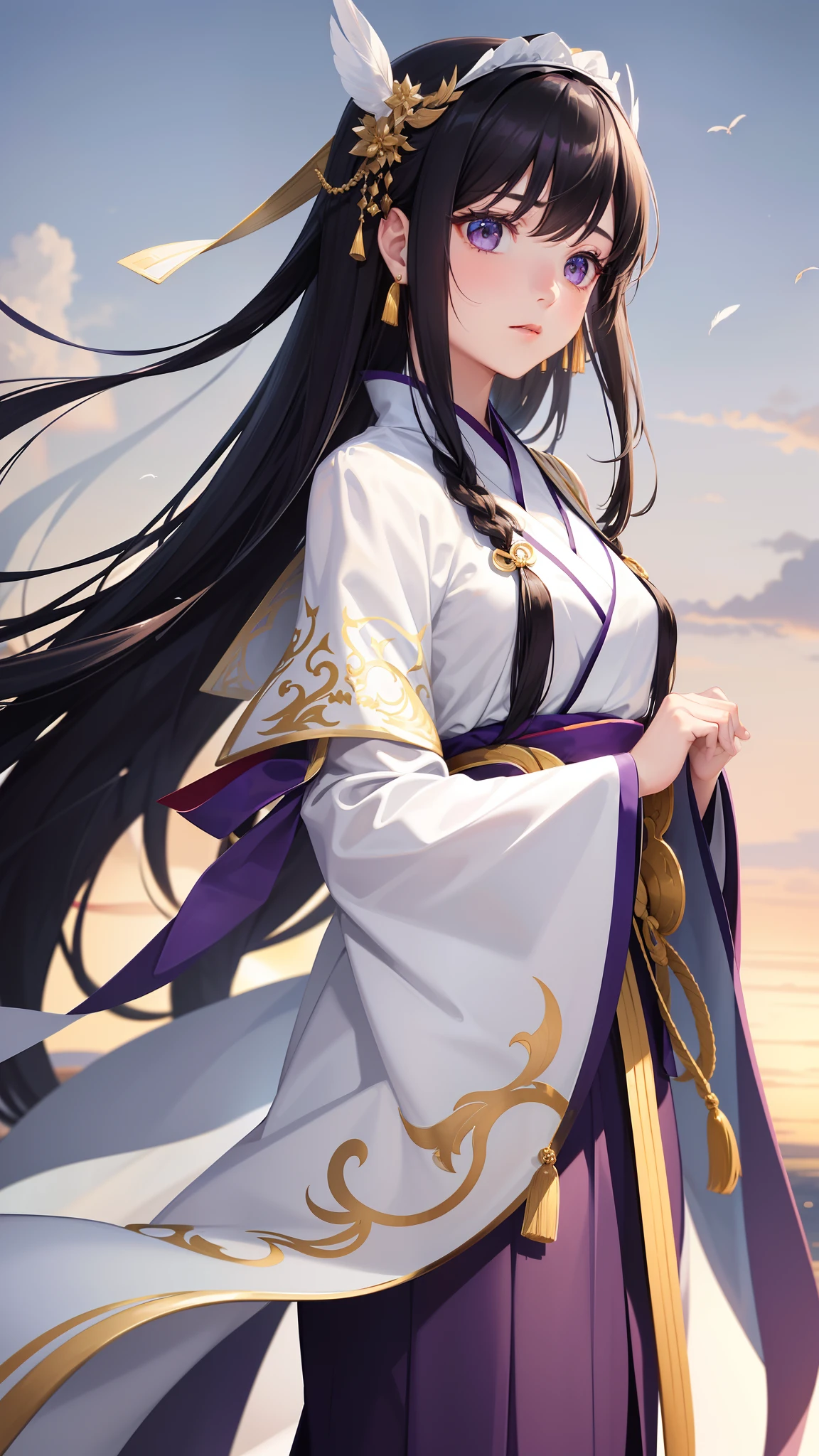 The pictures that need to be drawn should be of high quality,A character with long purple-black hair flowing and golden eyes。She wears a white cape,Look up into the distance。The focus of the picture is on the upper body of the character,Pay attention to details of the hairline and skin。She has a side braid,wearing a hanfu,And wear delicate accessories。Calm expression,k hd,illustrious,Feather background decoration