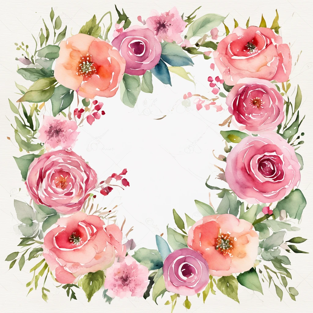 wreath, Floral frame, Delicate watercolor flowers in pink and vibrant rose tones, Engaging illustrations.