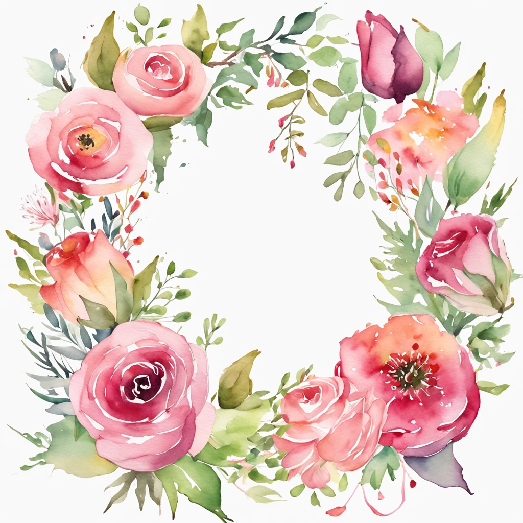 wreath, Floral frame, Delicate watercolor flowers in pink and vibrant rose tones, Engaging illustrations.