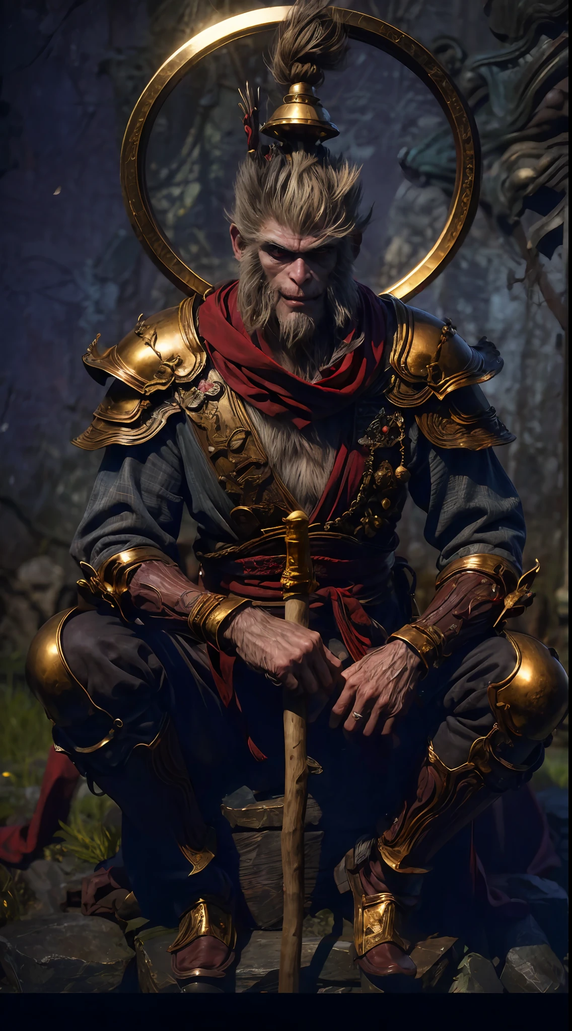 （irascible, irate，Qi Tian Great Sage，Monkey king，A high resolution, super-fine）, （Sharp-billed monkey gills）, Tour of the Dark West，pan（((Red glowing eyes))）looks into camera, evil look, Clear facial features, （Golden Hoop Curse）,On his shoulder hangs a long golden stick。, to grin, Monkey teeth exposed, Dressed in gorgeous armor, The red scarf sways in the wind，Monkey King's face, Shoulder armor youkai skeleton decoration, 火焰, Sit on Yokai Head Mountain, Kingly temperament, Full body photo, cinematic rim light, The light is delicate, tmasterpiece, ultra - detailed, Epic composition, Super HD, high qulity, HighestQuali, 32K, grin, poison fangs