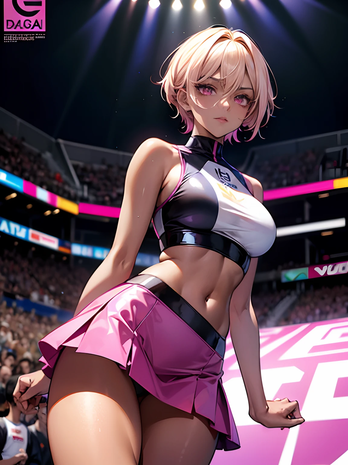 tight outfit, close up of face, thighs thighs thighs thighs, Delicate girl, Violet crop top, Sleeveless, Violet skirt, Shiny skin, Looking at Viewer, , Pixie Short Hairstyles, Cream yellow hair, shorth hair, long lashes、eyeshadows(digital anime:0.8), (Edge lighting, highest details, ighly detailed, ultra-detailliert, finely detail:0.8), [:Detailed face and eyes:10], (Lesh pink eyes:1.2), cosplayer, Random Posing, Race Queen、Uniform with logo、 Exquisite beauty、Beautiful face, Body shape of slim model, Beautiful breasts, shiny, beauty legs、wet shiny body, (((Dark brown skin beauty))), neons、Large crowds、audience、Aurora Vision、Huge stadium、Drag racing、Racing Circuit、racing car、Lower grade、Large crowds、Spectators、audience、Spectators、Large crowds、Camera Flash、laser beam、