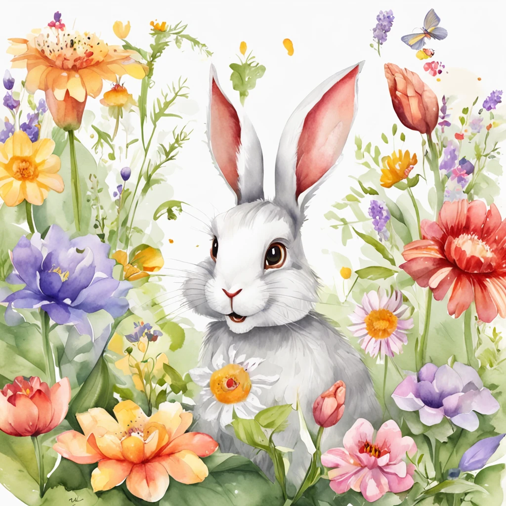 Fresh and simple children's picture book style,White Rabbit's Florist,(((critters))), highly  detailed ,Ultra HD details,Digital style,iintricate,vectorial art,Flat illustration style,Pastel, Florist in background，plants and flowers,(((No Man)))