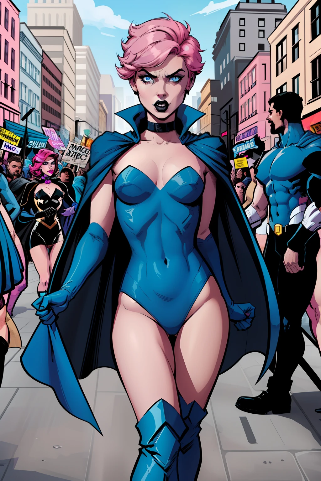 closup view of a woman, in middle of a crowd, protest, day time, outside, city street in background, pale blue eyes, detailed short pink hair Short Side Comb haircut, angry expression, black lipstick, small tits, wearing a blue swimsuit, blue gloves, blue tall boots, blue cape with collar, comic book style, flat shaded, prominent comic book outline linework