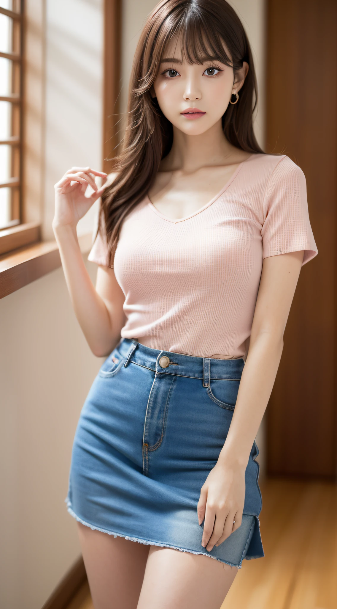 (Best Quality, 8K, masutepiece, Ultra HD: 1.3), 1girl in, mideum breasts, light brown hair, Blunt bangs, hair behind ear, hair over shoulder, Long hair, slender body shape, Ultra Fine Face, Delicate lips, Beautiful eyes, Double eyelids, pink lipsticks, Ultra-thin hands, Ultra-fine fingers, Short sleeved shirt, Tight skirt with slit , beauty legs ,pumps