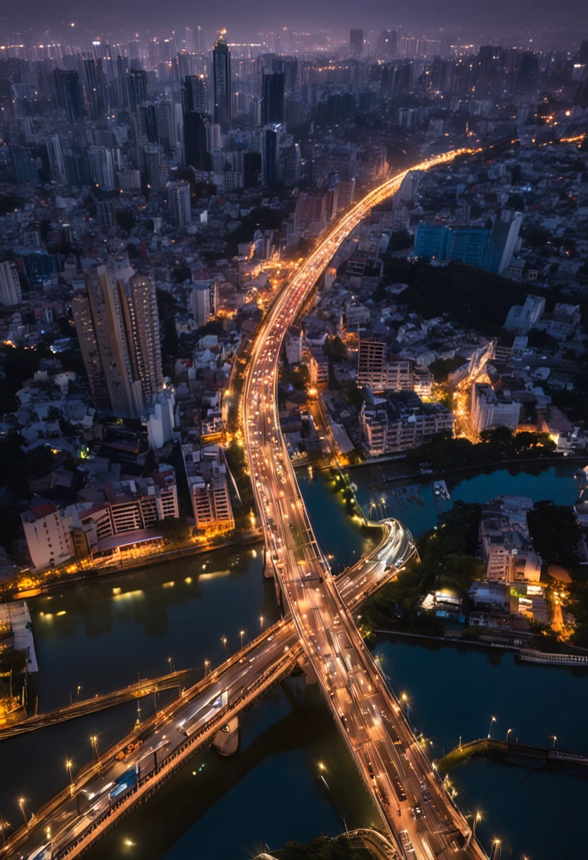nighttime view of a city with a bridge and a river, vietnam, nighttime, night view, at night, nigth, professional, city in background, night shot, full image, version 3, night time, city view, print ready, image, at night time, city in the background, detailed image, scenic view at night, photo taken at night