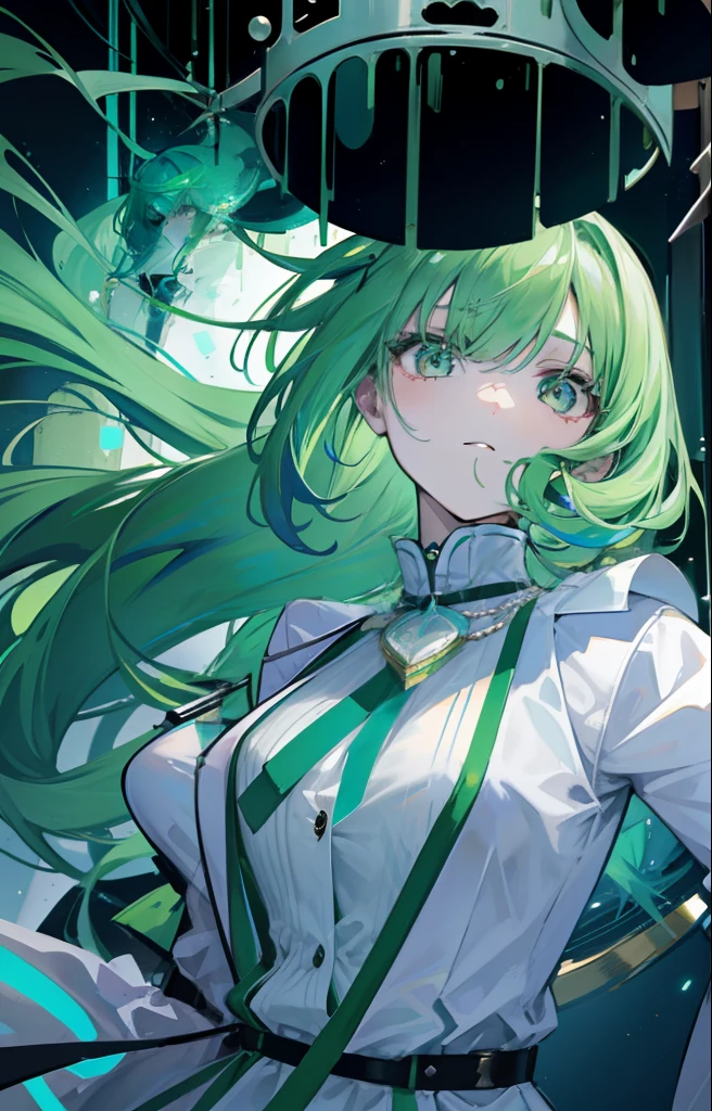 Biochemical beautiful girl with light green hair,Wear green and white clothes,Dignified and elegant and cute