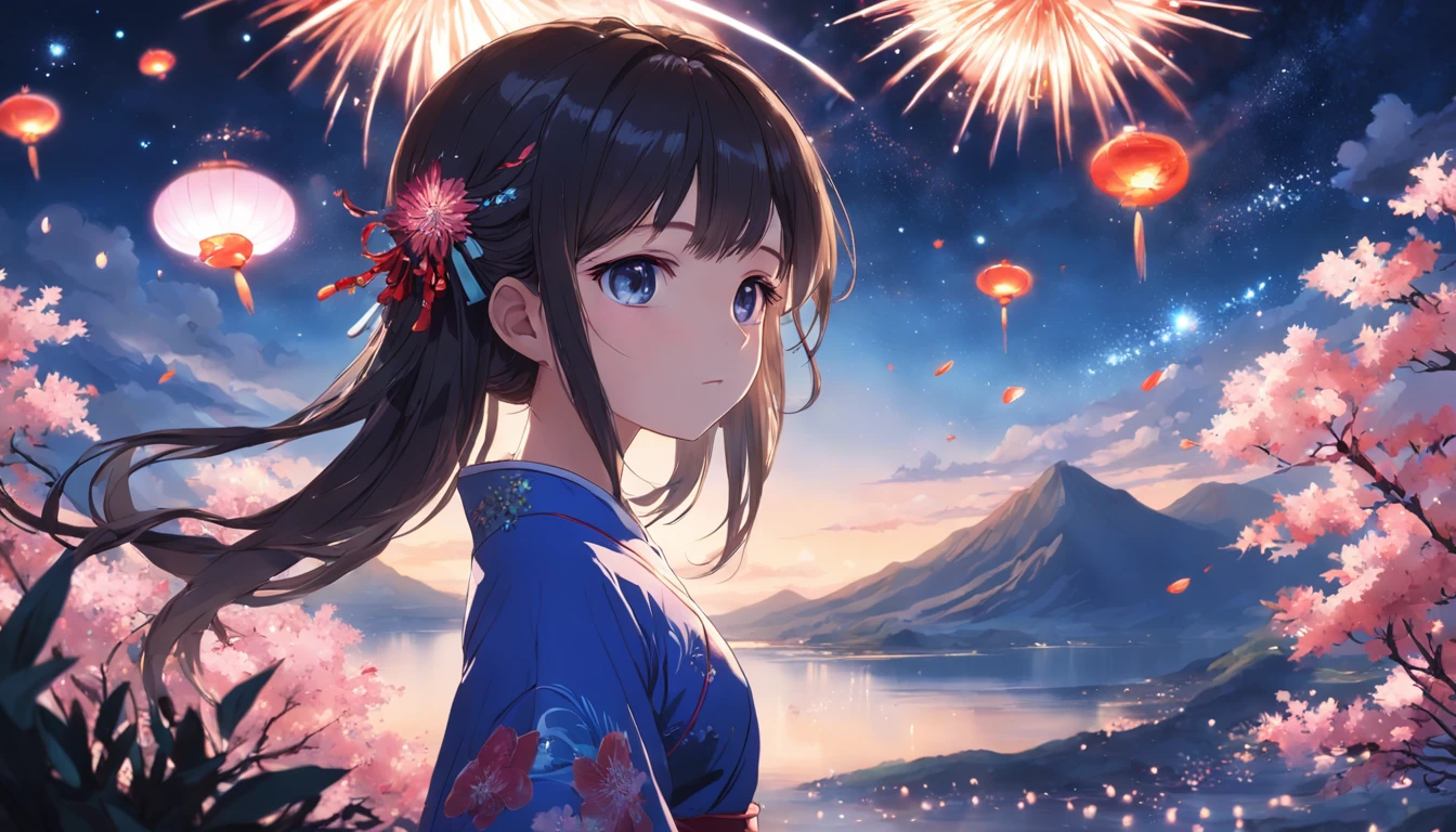 best quality, master, highres, wuxia 1girl, china dress, super Beautiful face, super beautiful eye, Super Beautiful Hair Vast landscape，Girl looking at the back of the sky，meteors，clear night sky，glowworm，flower  sea