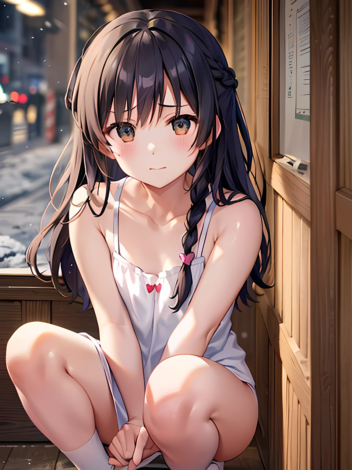 20yr old、Pretty women、Beautuful Women、Gentle expression、sleepy expression、、Braided hair、length hair、Dark hair、length hair、brown-eyed、All matching bangs、snow-white camisole、White underwear、All fullback underwear、Small neat hair decoration。Wallpaper with heart pattern inside、Bright lighting、Photoquality、hight resolution。Stand in front、Stand back to back、crouching down。