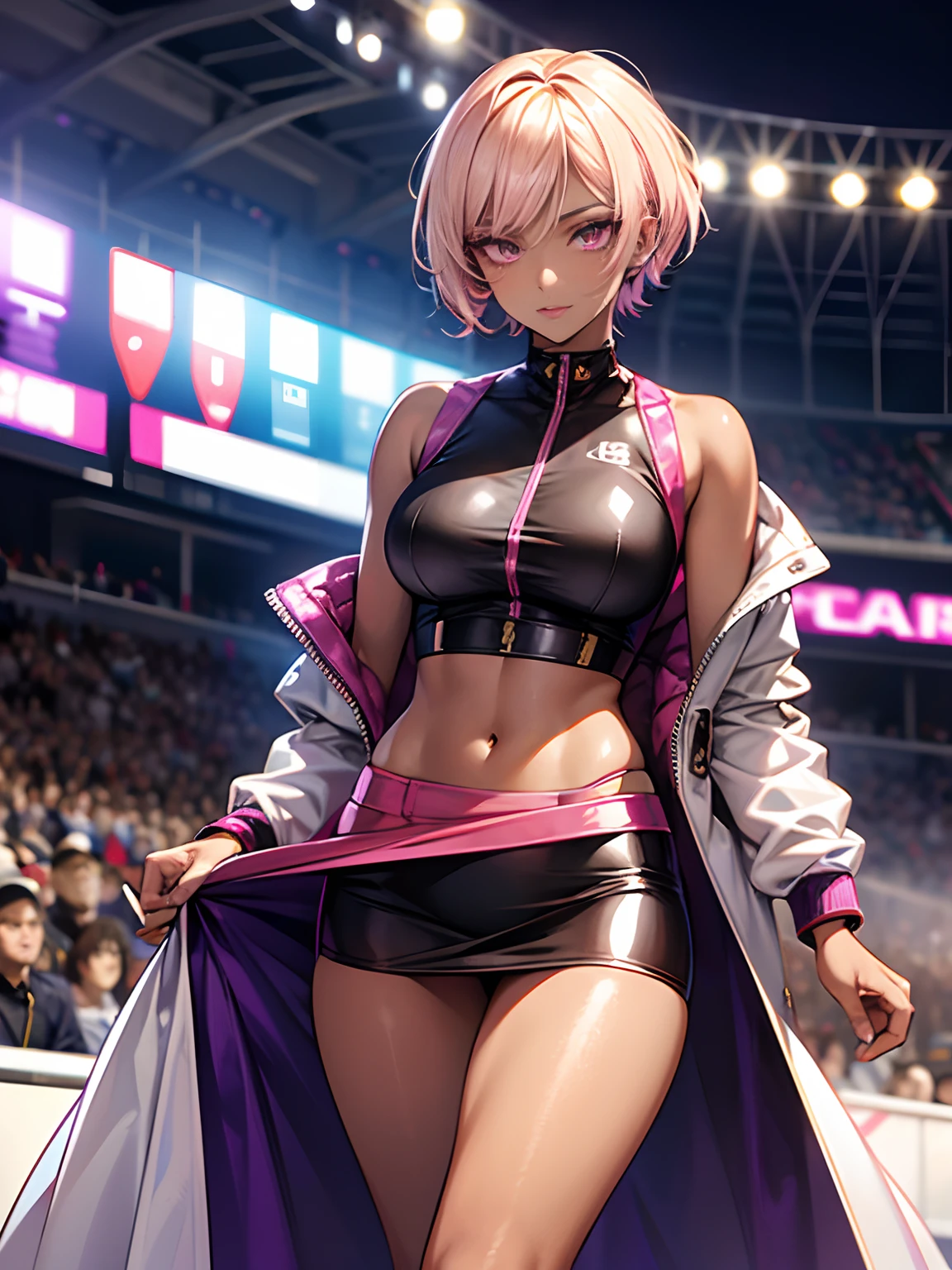 Previous Open Racing Jacket、tight outfit, close up of face, thighs thighs thighs thighs, Delicate girl, Violet crop top, Sleeveless, Violet skirt, Shiny skin, Looking at Viewer, Teen, Pixie Short Hairstyles, Cream yellow hair, shorth hair, long lashes、eyeshadows(digital anime:0.8), (Edge lighting, highest details, ighly detailed, ultra-detailliert, finely detail:0.8), [:Detailed face and eyes:10], (Lesh pink eyes:1.2), cosplayer, Random Posing, Race Queen、Uniform with logo、 Exquisite beauty、Beautiful face, Body shape of slim model, Beautiful breasts, shiny, beauty legs、wet shiny body, (((Dark brown skin beauty))), neons、Large crowds、audience、Aurora Vision、Huge stadium、Drag racing、Racing Circuit、racing car、Lower grade、Large crowds、Spectators、audience、Spectators、Large crowds、Camera Flash、Laser beam、