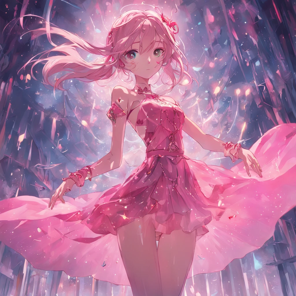 best qualtiy,tmasterpiece,k hd,1girll,(Full body photo,erect through), Nice face,(Slim,Raised sexy),Cold and glamorous,cropped shoulders,nabel,cabelos preto e longos,hair adornments,(slender leg,Cross ed leg), Cyan-pink tulle dress,Oriental antique,Beautiful girl,Ethereal dreams,Beautiful goddess,Detailed scenes, Eye-catching accessories, Picturesque, ((From below))