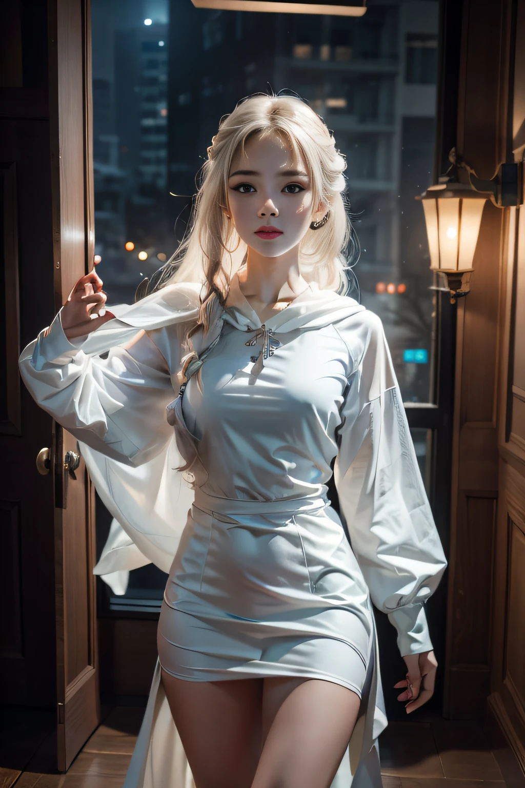 terroral,a female ghost,Beth,Manteau blanc,shift dresses,long whitr hair,k hd,modern day,Dance,the night,lamplight,