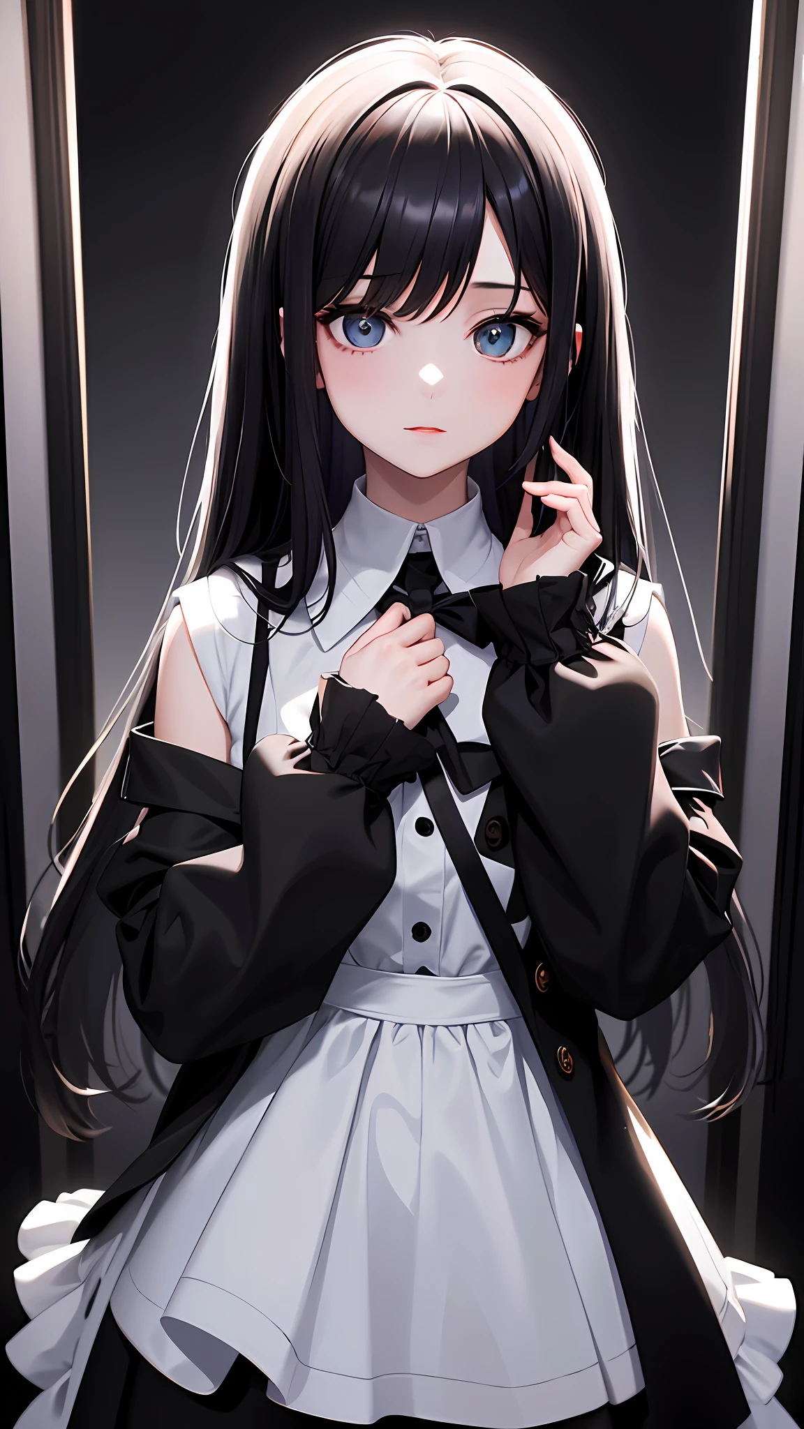 one-girl，ren，Simple，Face people，art  stations，gentleness，Tender，youthfulness，Pure，Blue school uniform，Black straight hair，long whitr hair，blackigeyes，teens girl，black roses，On the chest is the Order of the Black Rose in metal，White stroke at the edge of the character，Background two-dimensional black rose blurring，Pure white white minimalist background，k hd，high detal，high qulity，Good atmosphere，delicated，cg render，detail render，（Delicate facial portrayal）（Fine hair portrayal）（highest  quality）（Master masterpieces）（High degree of completion）（a sense of atmosphere）