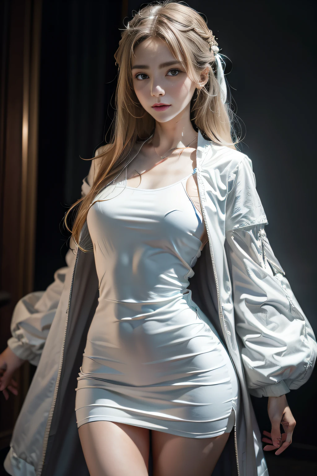 terroral,a female ghost,Beth,Manteau blanc,shift dresses,long whitr hair,k hd,modern day,Dance,the night,lamplight,