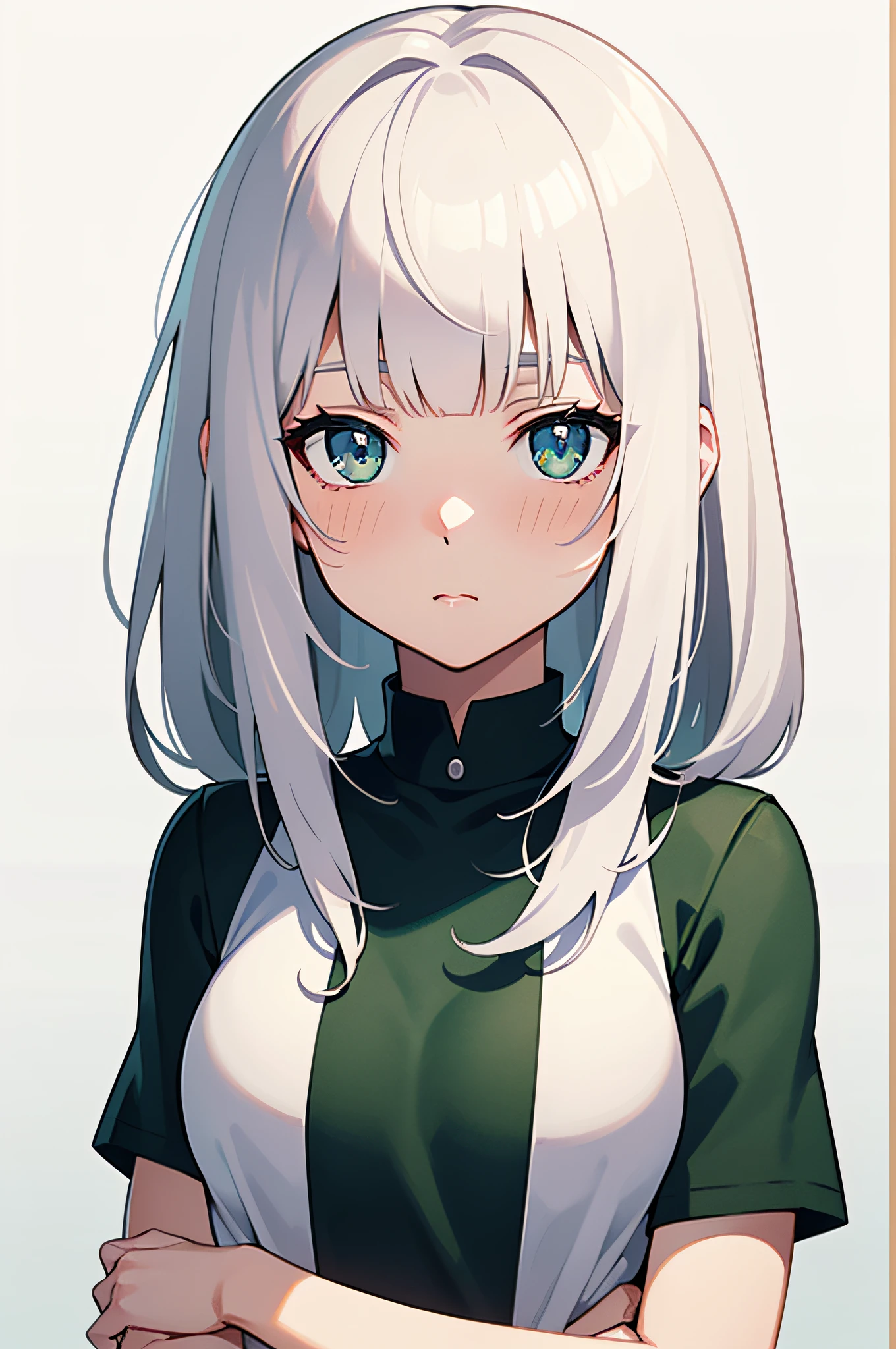 masterpiece, best quality, best illustration, ultra-detailed, upper body, solo, 1 girl, looking at viewer, upright, arms at sides, beautiful detailed eyes, concept art, blunt bangs, white background, simple background, white hair, green gradient hair, short sleeves, watercolor pencil, expressionless, blush, virtual youtuber