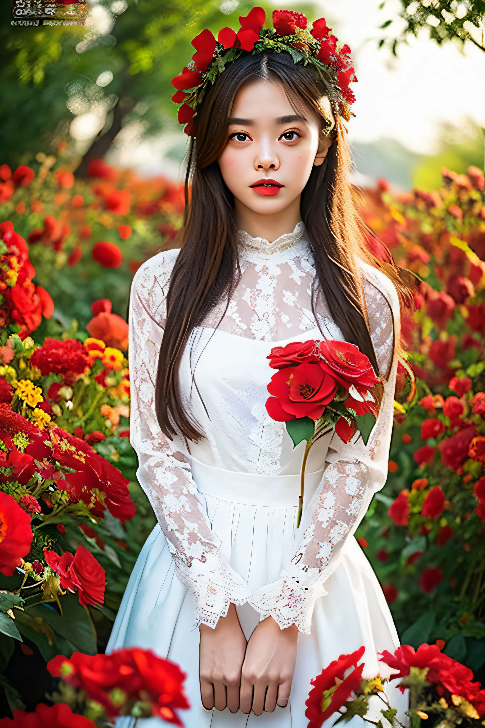 dark themed、(top-quality、masterpiece:1.2)、18 year old girl in the garden、White lace long sleeve dress、(Confusion of red flowers in the background:1.3)、Pose Keeping