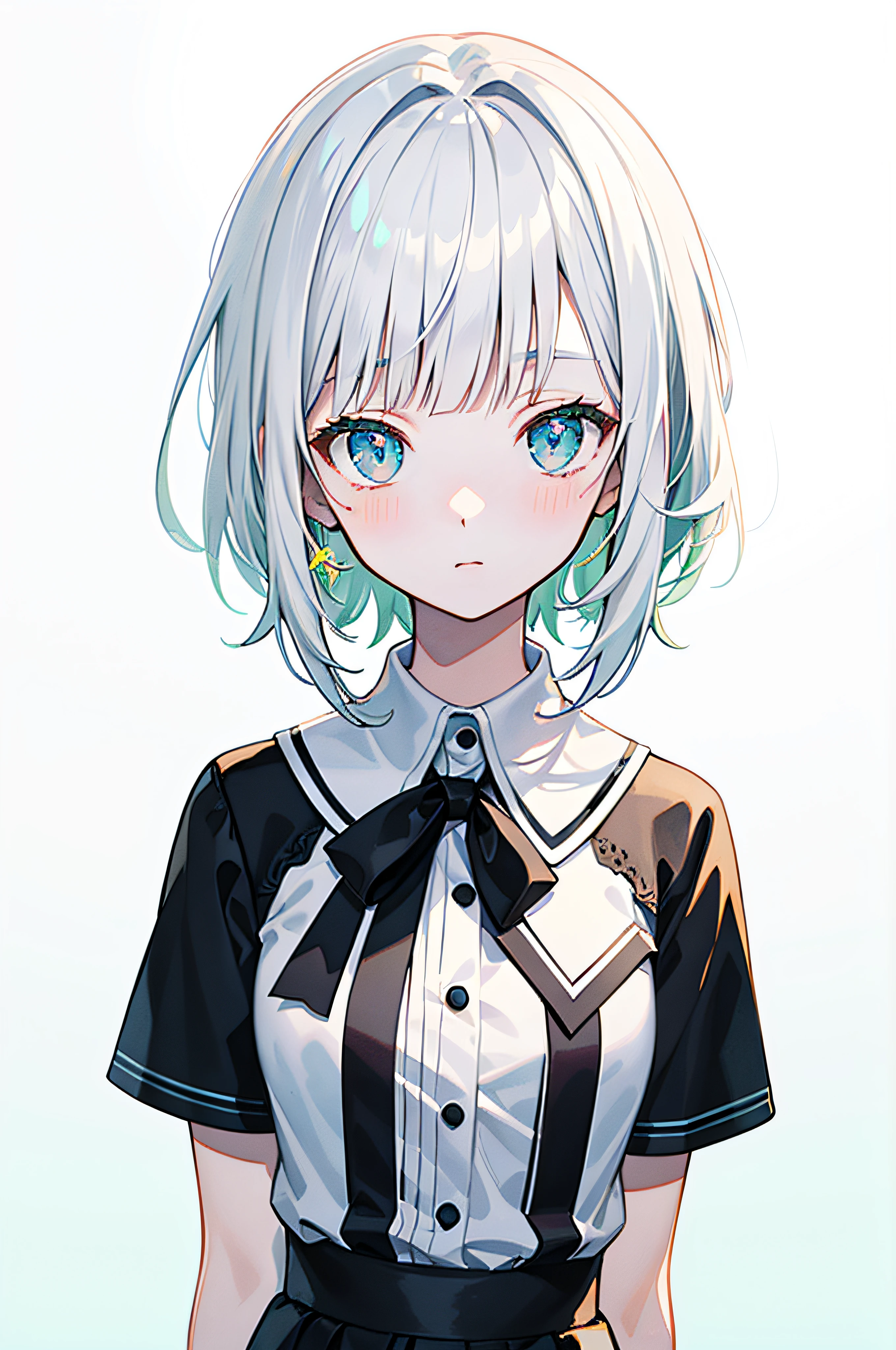 masterpiece, best quality, best illustration, ultra-detailed, upper body, solo, 1 girl, looking at viewer, upright, arms at sides, beautiful detailed eyes, concept art, blunt bangs, white background, simple background, white hair, green gradient hair, short sleeves, watercolor pencil, expressionless, blush, virtual youtuber