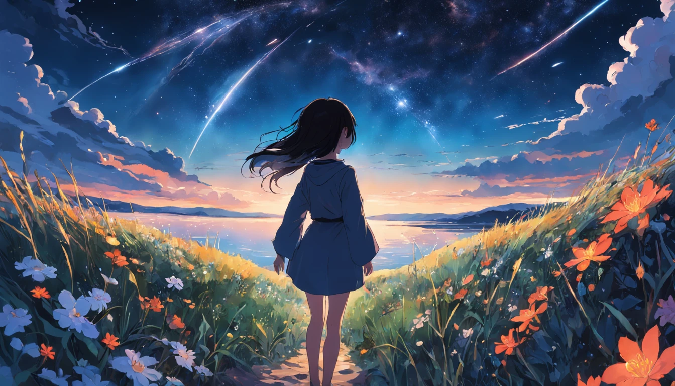 Vast landscape,Girl looking at the back of the sky,meteors,clear night sky,glowworm,flower sea,uni