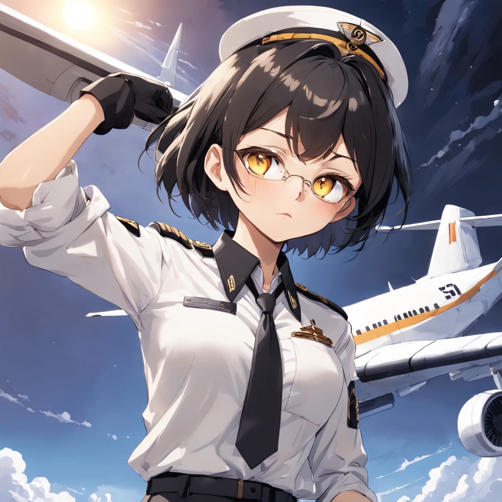 1girl, short black bob hair, yellow eyes, Round glasses, tan skin,her skin is fucking brown, petite body, wearing plain white formal work shirt, wearing long black pants, business tie, absurdres, high res, ultrasharp, 8k, masterpiece, looking at viewer, cat ears, airline pilot uniform, airline pilot hat, white background, short sleeve, bangs, flat chest, whiskers, androgynous,