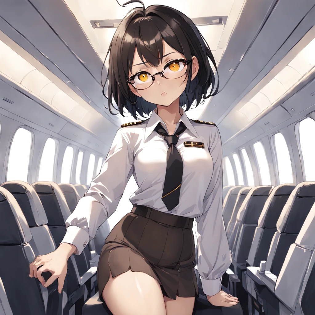 1girl, short black bob hair, yellow eyes, Round glasses, tan skin,her skin is fucking brown, petite body, wearing plain white formal work shirt, wearing long black pants, business tie, absurdres, high res, ultrasharp, 8k, masterpiece, looking at viewer, cat ears, airline pilot uniform, airline pilot hat, white background, short sleeve, bangs, flat chest, whiskers, androgynous,
