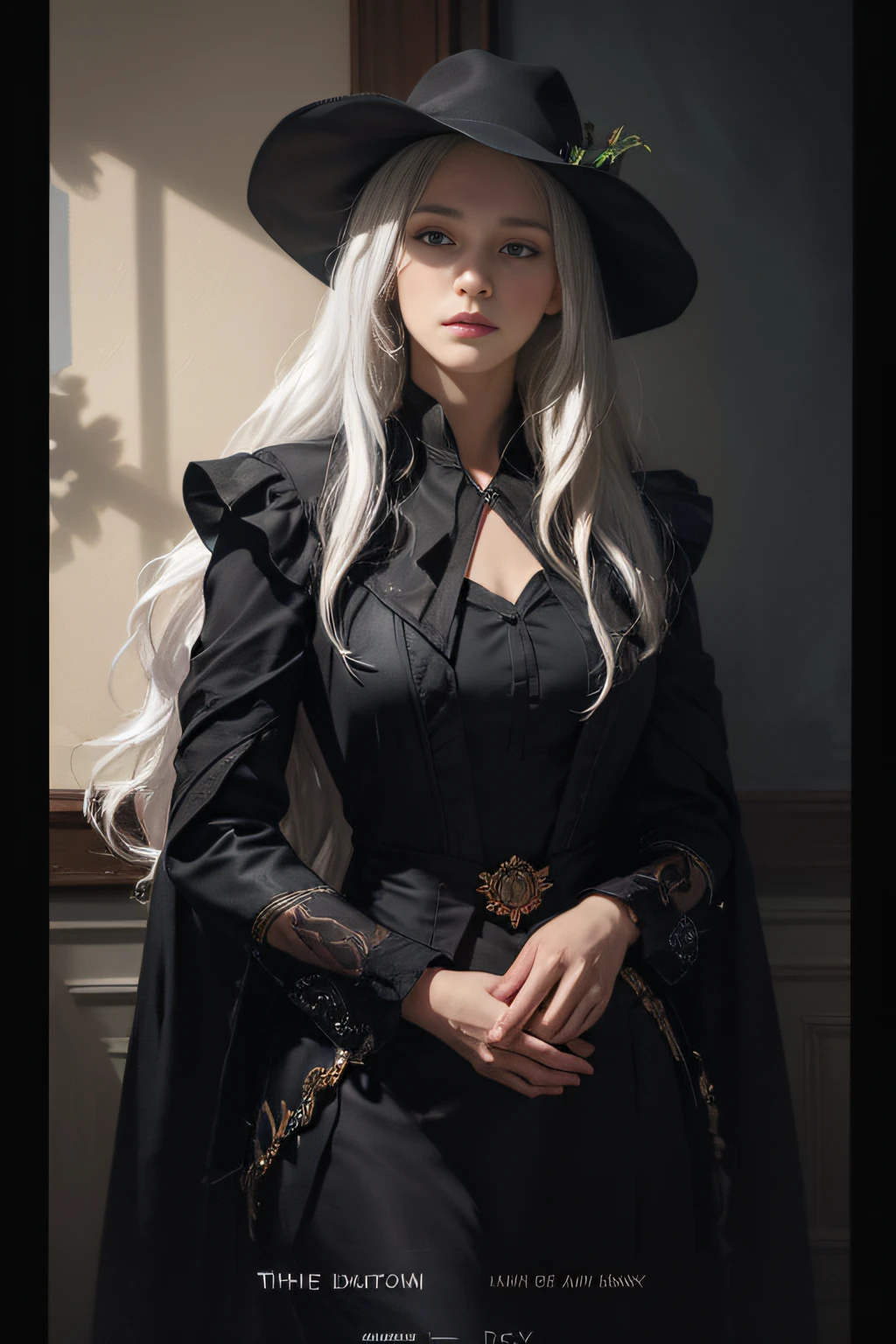 (front focus),(in the dark:1.6), Hyperrealist portrait of female by david hockney and alphonse mucha,fantasy art, photo realistic, dynamic lighting, artstation, poster, volumetric lighting, very detailed faces, 4 k, award winning,, 1girl, in the dark, deep shadow, low key,cowboy shot,(official clothing:1.4) ,long hair,white hair,