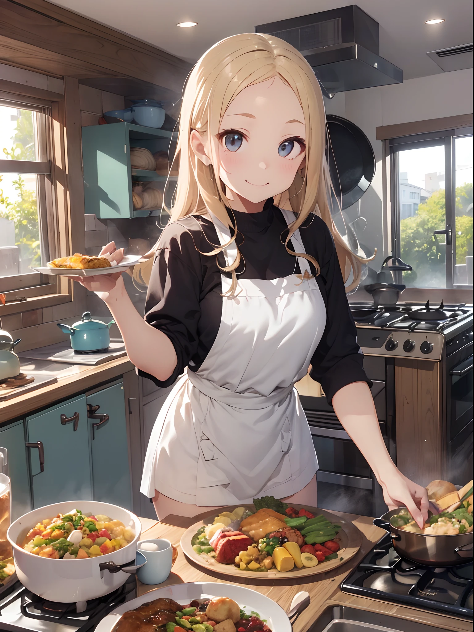top-quality、masutepiece、8K、Pastel tones、Blonde hair、long(Bring out your forehead:1.2)、Very long hair、posterior view、Light Blue Camisole Dress、a miniskirt、The background is((kitchin:1.4)、Turned、Dynamic Styles、ssmile、Ready-to-eat dishes、In the middle of the meal