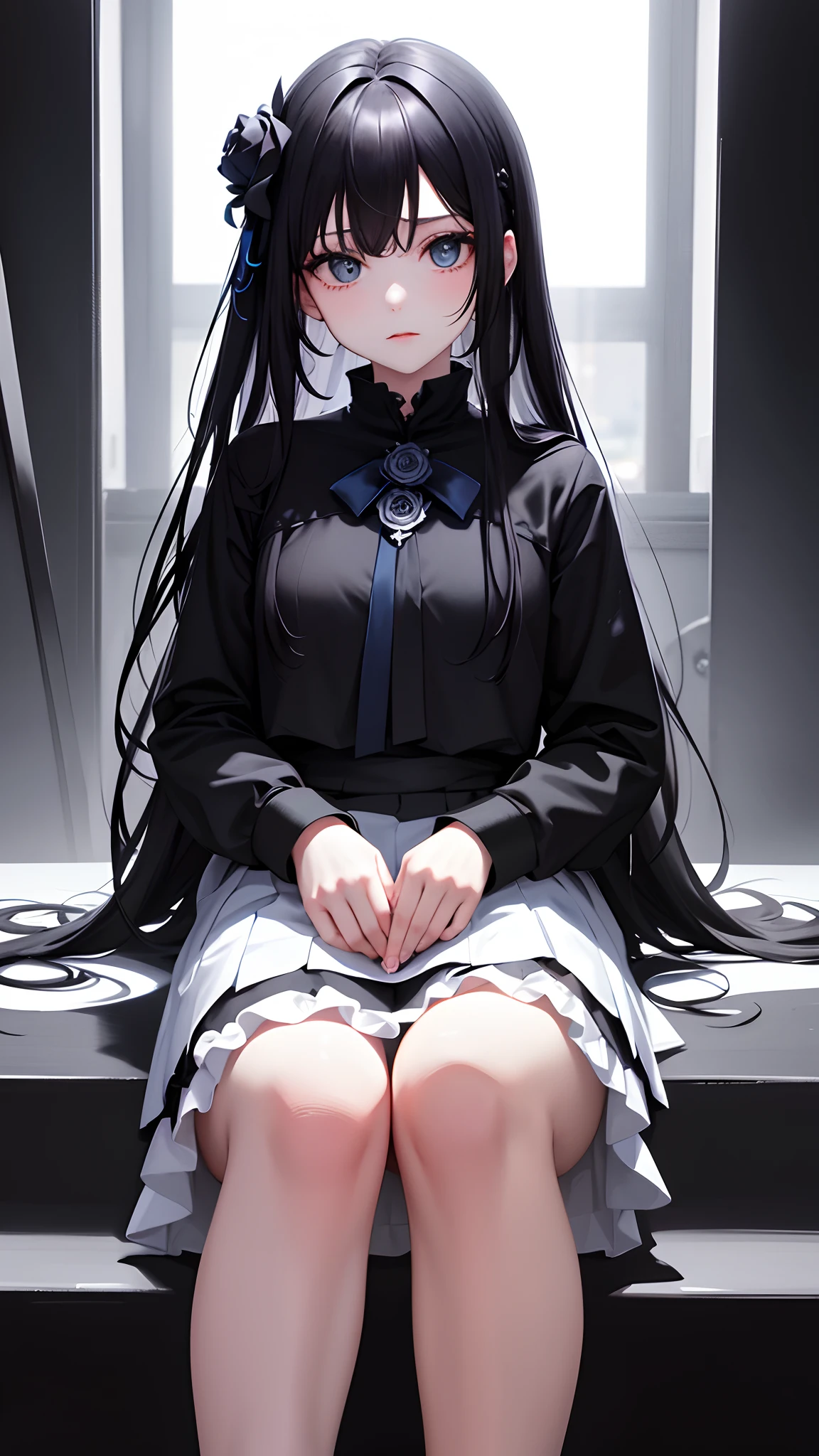 one-girl，ren，Simple，Face people，art  stations，gentleness，Tender，youthfulness，Pure，Blue school uniform，Black straight hair，long whitr hair，blackigeyes，teens girl，black roses，On the chest is the Order of the Black Rose in metal，White stroke at the edge of the character，Background two-dimensional black rose blurring，Pure white white minimalist background，k hd，high detal，high qulity，Good atmosphere，delicated，cg render，detail render，（Delicate facial portrayal）（Fine hair portrayal）（highest  quality）（Master masterpieces）（High degree of completion）（a sense of atmosphere）