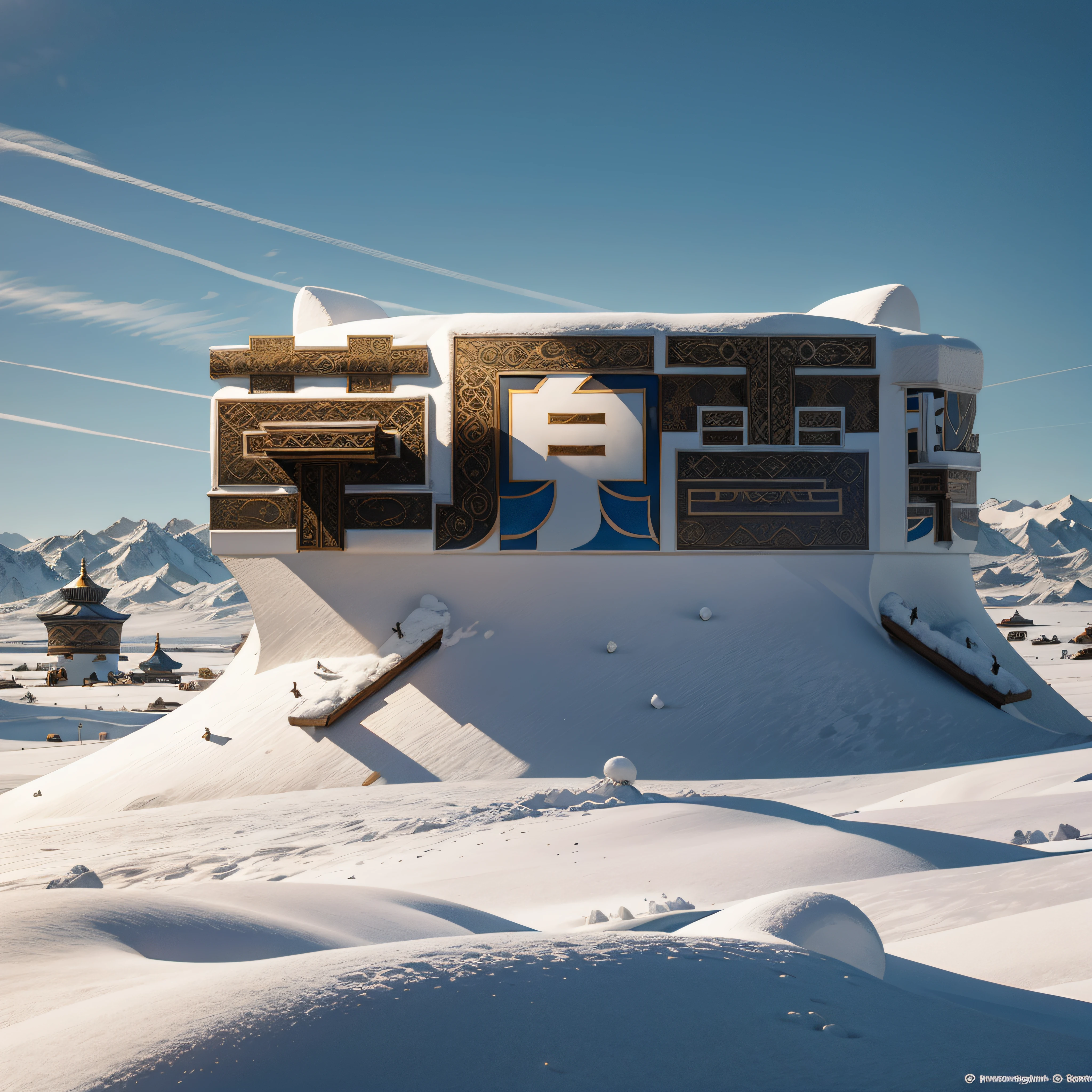 flock,yurts,White snow,Snowy steppe,totem,tmasterpiece,Mongolian architectural motifs,tmasterpiece,Best quality,ultra - detailed。