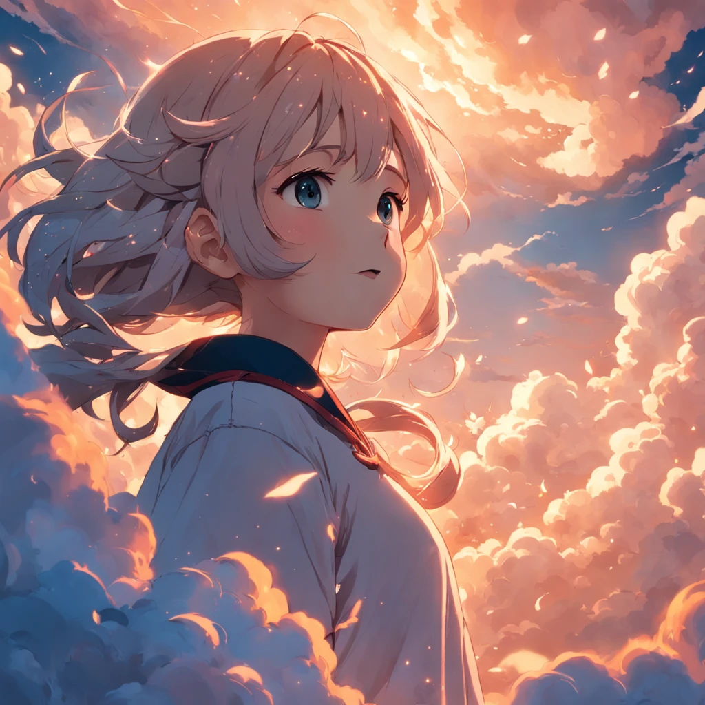 masterpiece, best quality, movie still, 1girl, cloud girl, floating in the sky, close-up, bright, happy, warm soft lighting, sunset, (sparks:0.7)
