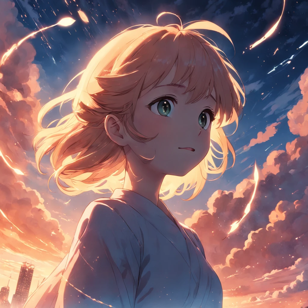 masterpiece, best quality, movie still, 1girl, cloud girl, floating in the sky, close-up, bright, happy, warm soft lighting, sunset, (sparks:0.7)