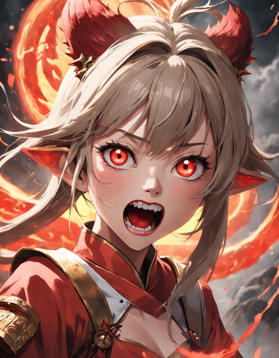 tmasterpiece,Ultra photo realsisim,32K resolution,Excellent painting in extreme detail,best qualtiy,Wukong:Chinese legends of gods and demons,Dark horror theme:1.3,(Wukong,Stick out her tongue,Lick the blood at the corner of your mouth:1.5,red eyes,Black clothes,redcloak,with short brown hair,Gold forehead band,Detailed face,Detailed eyes,Moist tongue,Anatomically correct):1.5,Cobweb texture,darkly,terroral,Ghastly,Complicated details,detailedbackground,awardwinning