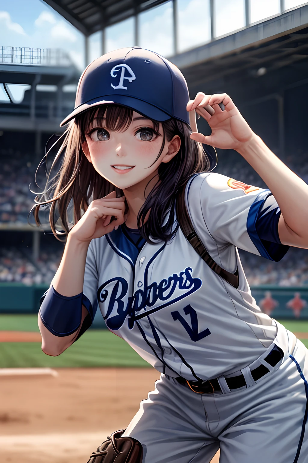 deep blue baseball cap, gray only  baseball uniform, gray baseball uniform, face focus, baseball cosplay, baseball stadium, baseball uniform, smiling, 1girl, detailed uniform, look at viewer, (SIGMA 85mm f1.4), detailed background, diffused natural sunlight, diffused natural skin glow, summer, dynamic angle, posing,  blush, baseball glove, medium breasts, cowboy shot, depth of field, bokeh, from below, best quality, masterpiece, best quality, leaning forward