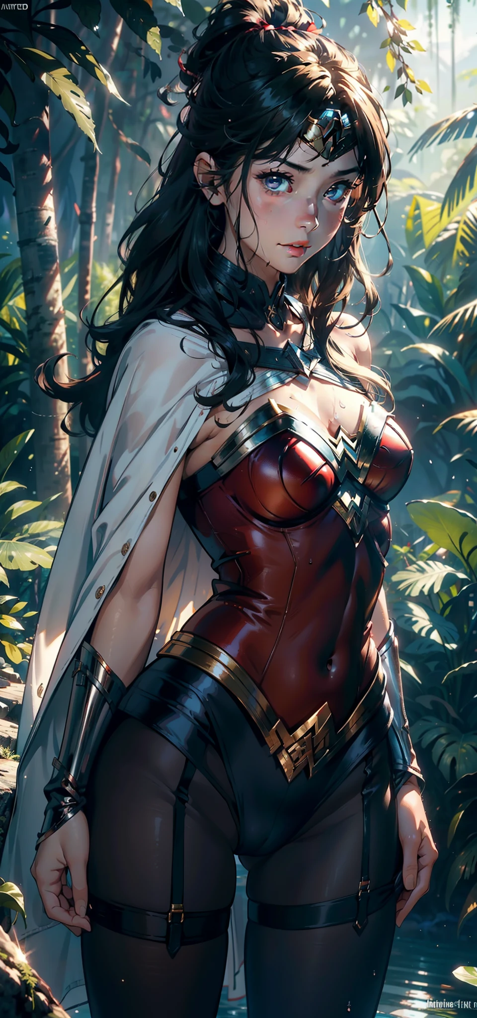 1female,11yo,bit girl,smallunderboob ,nice hand,Pornographic exposure, 独奏,(Background with:ln the forest,the rainforest,in summer,Water on the ground,exteriors) ,Stride,Sweat profusely,drenched all over the body,seen from the front,blond straight hair , mostly cloudy sky,(((tmasterpiece),(Very detailed CG unity 8K wallpaper),best qualtiy,cinmatic lighting,detailed back ground,beatiful detailed eyes,Bright pupils,(Very fine and beautiful),(Beautiful and detailed eye description),ultra - detailed,tmasterpiece,)),face to the viewer,frontage,A high resolution,ultra - detailed)nakeness,Wipe off panties,revealing breasts,Bare genitalia, Bulge,Camel toes,Raised sexy,Lewd expression,Flushed complexion,Open-mouthed,frontage,wonder women(Wearing:red capelet,Wonder Woman uniform,Pantyhose)ssmile