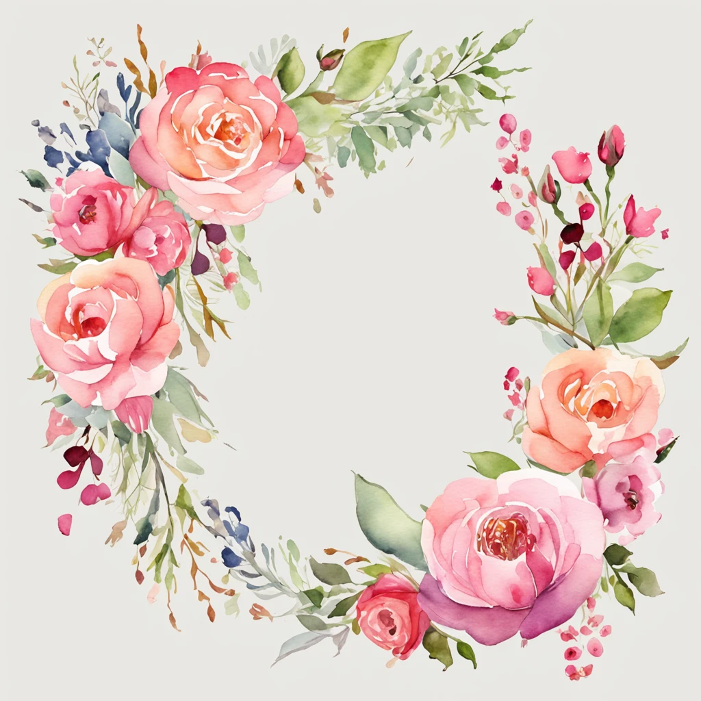 wreath, Floral frame, Delicate watercolor flowers in pink and vibrant rose tones, Engaging illustrations.