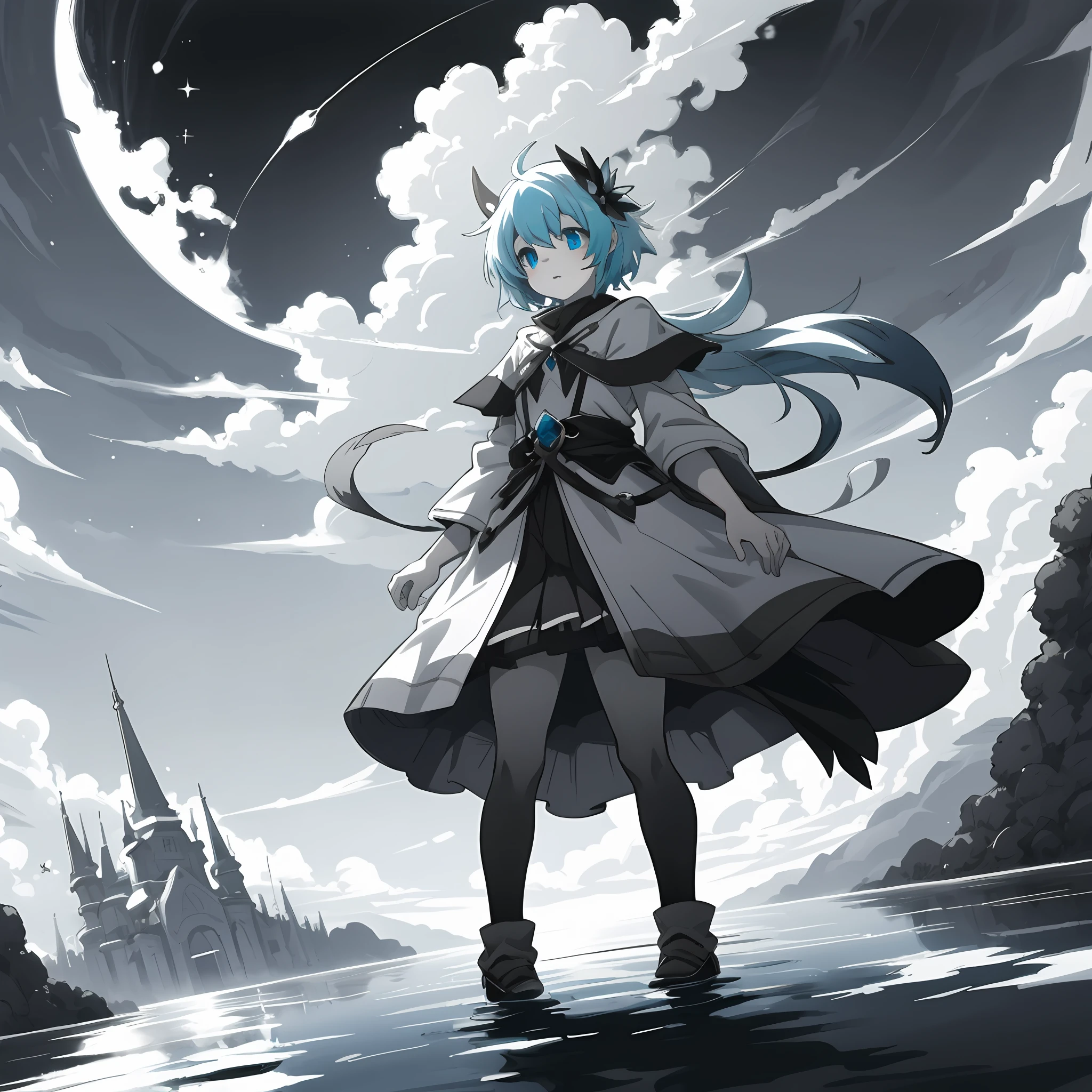 anime girl  standing on water's surface, fantasy art, grayscale phtoto with blue eyes, curtsy, curtsey, beautiful anime art style, high quality anime art, high quality anime artstyle, at pixiv,